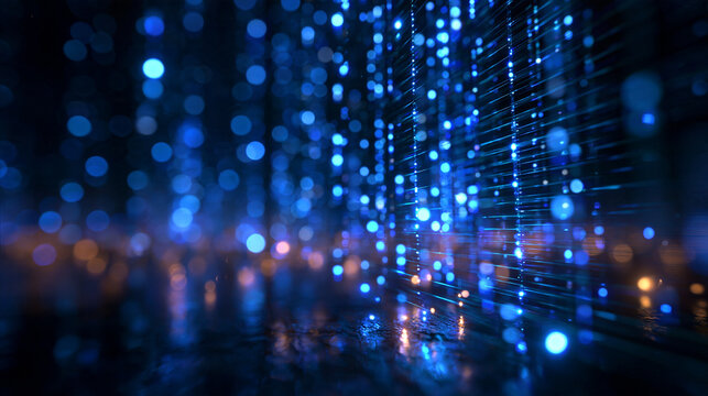 Abstract Blue Digital Data Stream Background with Glowing Bokeh Lights