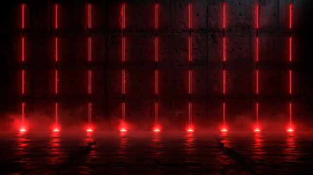 Futuristic Dark Stage with Glowing Red Neon Lights and Smoke