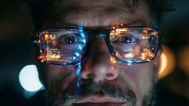 Programmer with Code Reflection in Glasses Working Late