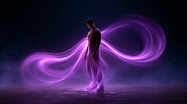Man Standing with Glowing Purple Infinity Light Trails