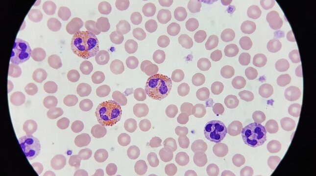 Illustrative image of eusinophylls and other blood cells seen through a microscopy	