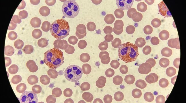 Illustrative image of eusinophylls and other blood cells seen through a microscopy	