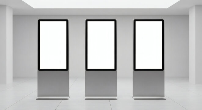 Three vertical digital kiosks with blank white screens standing in a bright minimalist modern hall for advertising marketing display purposes