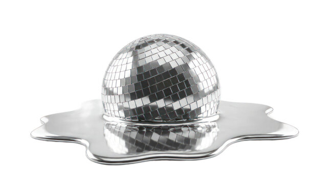 Silver disco ball melting into puddle on dark surface.