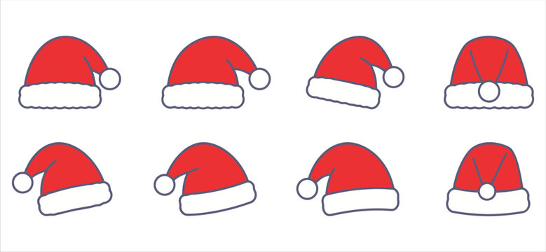 Collection of red santa claus hats in various positions with santa hat christmas accessories holiday headwear winter hat holiday season santa cap