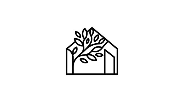 Minimalist greenhouse line icon with plant leaves