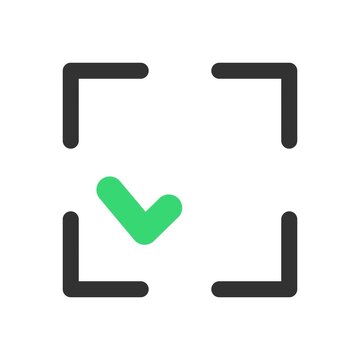 Green check mark symbol glowing inside dark target framing brackets during minimalist digital animation motion clip