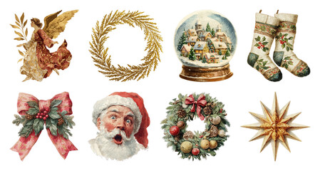 Obraz premium PNG Vintage Christmas festive decorations illustration, element set on transparent background