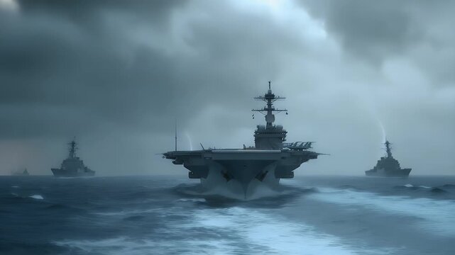 A powerful aircraft carrier leads a formidable naval fleet through rough, stormy seas under a dramatic, overcast sky, showcasing immense military strength.
