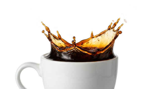 Splash of coffee in white ceramic cup on black.