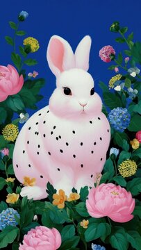 Spotted rabbit amidst vibrant flowers mobile wallpaper