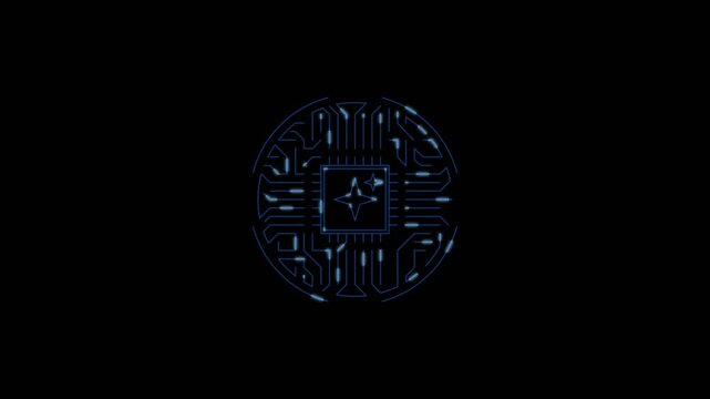 Futuristic AI Circular Circuit Board Animation &ndash; Glowing Blue Neon Processor Chip with Star Icon 4k Tech Motion Graphics