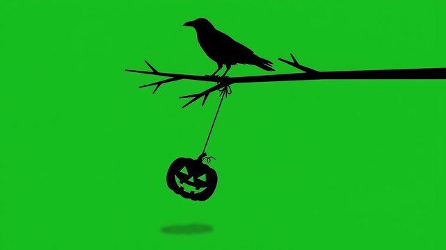 Crow Perched on Branch with Hanging Pumpkin Halloween Green Screen Motion Graphic Overlay
