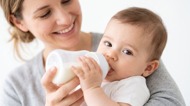 Commercial studio stock photo of a loving mother bottle-feeding her cute baby formula milk in a tight close-up shot.