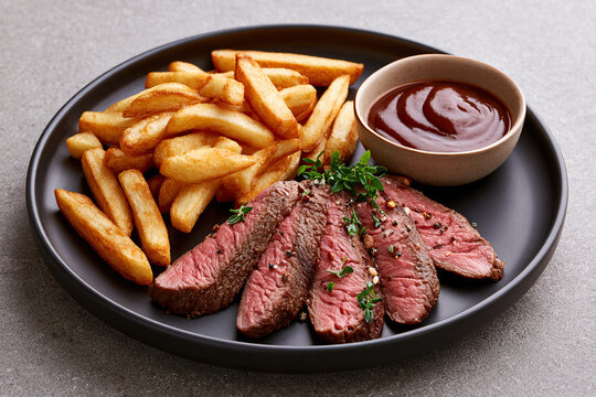 Juicy beef and fries in dish on the table