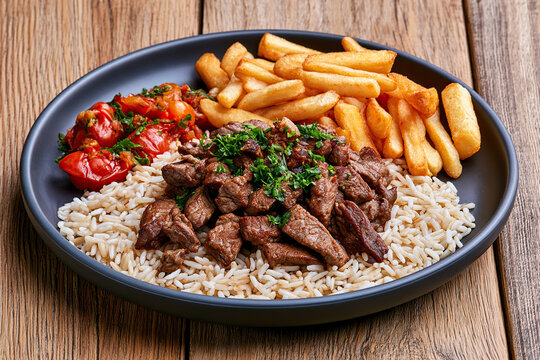 Juicy beef, rice and fries in dish on the table