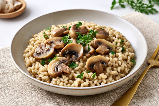 Mushroom risoto in dish on the table