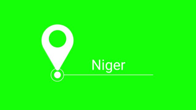 Animated location map pin pointing to Niger on green screen background.