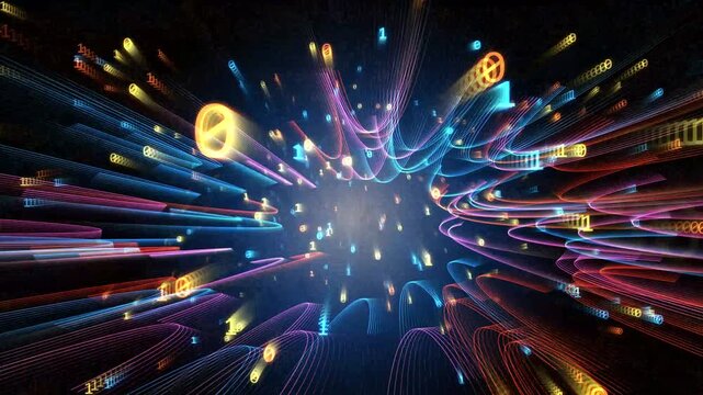Data stream visualization with binary numbers and glowing fiber optic light lines