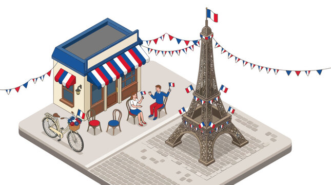 Eiffel tower and street cafe in Paris depicted in an isometric 3d vector style for travel design.