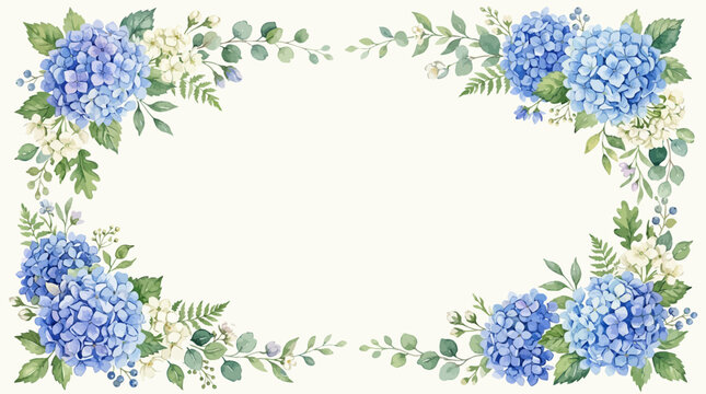 Watercolor floral frame composed of blue hydrangea flowers and green leaves arranged in a delicate corner border.