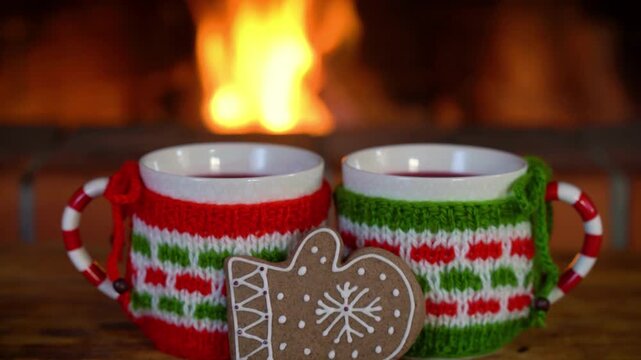 Mugs in knitted woolen covers with a Christmas ornament are placed in front of the fireplace. Xmas decorations on a wooden table in front of a flame burning in the fireplace
