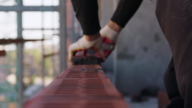 Worker laying red bricks for masonry wall construction