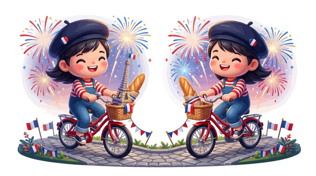 French girl riding a bicycle with a baguette and Eiffel Tower souvenir past festive fireworks and French flags.