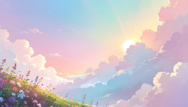 Dreamy anime style landscape with a vibrant flower meadow under a soft pastel sunset sky with fluffy clouds