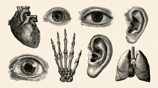 Sketch displays anatomical features including heart, eye, ear, hand, and lung in detailed engraving, emulating antique medical textbook design.