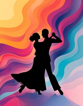 Dancing Couple Silhouette with Vibrant Flowing Abstract Background