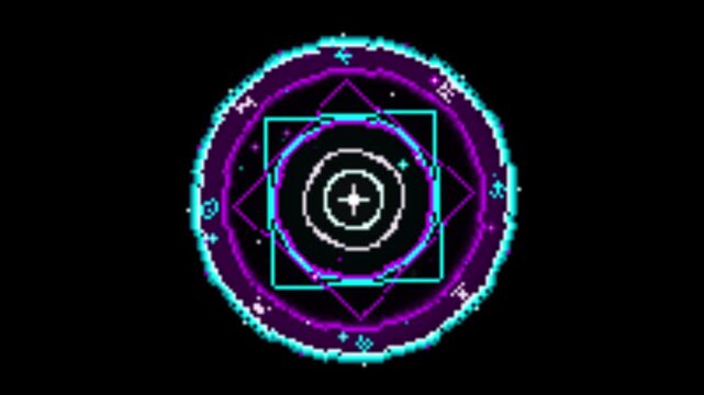 Pixel art magic summoning circles glow on black background