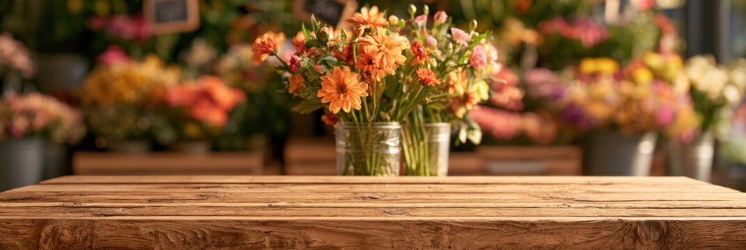 An empty wooden table stands in front of a flower market. Bright flowers are in jars behind the table. It is spring and the market is lively.