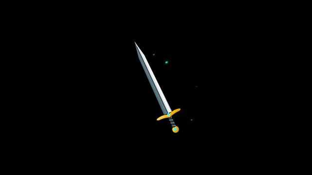 Pixel art sword icons with magic particle effects on black