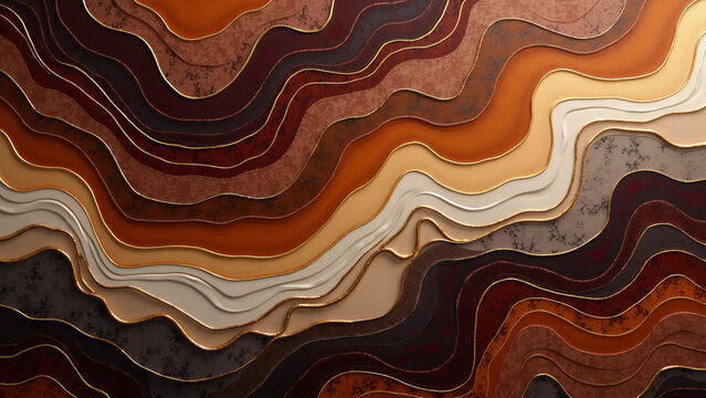 Abstract layered wavy surface with golden trim and dark earth tone textures for premium branding or digital art backgrounds.