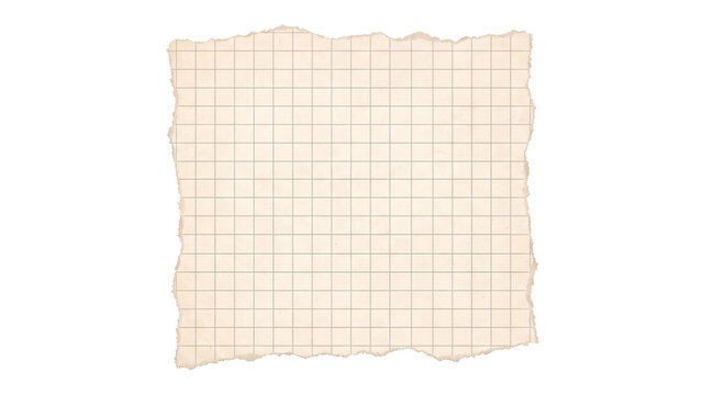 Torn beige grid paper piece with ripped edges, vintage graph paper texture, realistic vector mockup isolated on white background for note design
