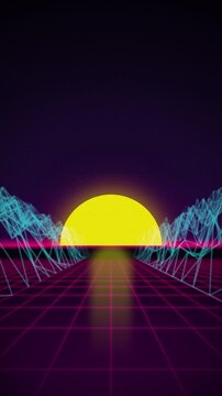 Synthwave grid sunset vertical seamless loop motion background