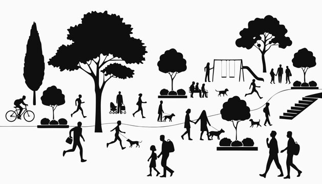 silhouette, vector, park, crowd, family, jogger, dog walker, people, black, white background, outdoor, recreation, walking, running, exercise, leisure, community, group, active lifestyle, nature, tree