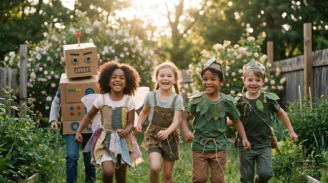Group of Happy Multicultural Children Playing in Costume