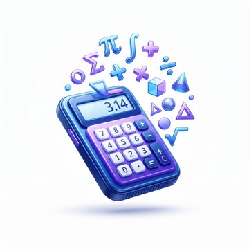3D mathematics icon featuring a calculator and floating geometric symbols
