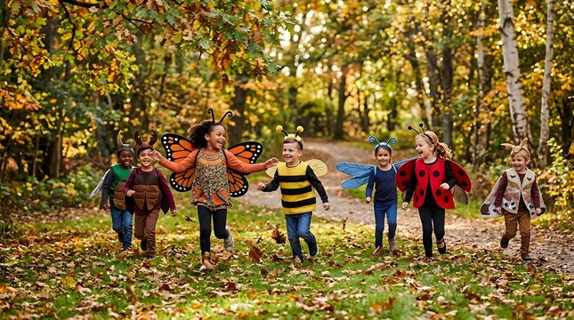 Diverse Children Dressed as Garden Insects in Fall Woods