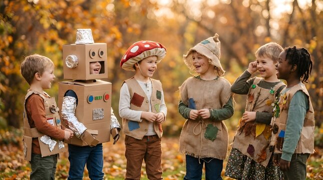 Diverse Children Having Fun in Creative Costumes in Autumn Park