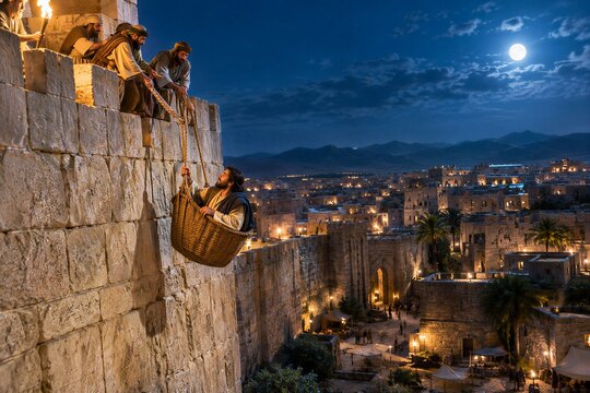 Dramatic biblical scene of Saul, later Apostle Paul, escaping Damascus city wall at night, lowered in a basket by disciples.