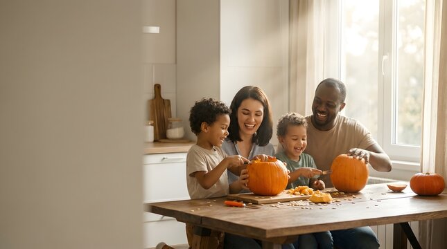 Happy Family Carving Pumpkins in a Bright Kitchen