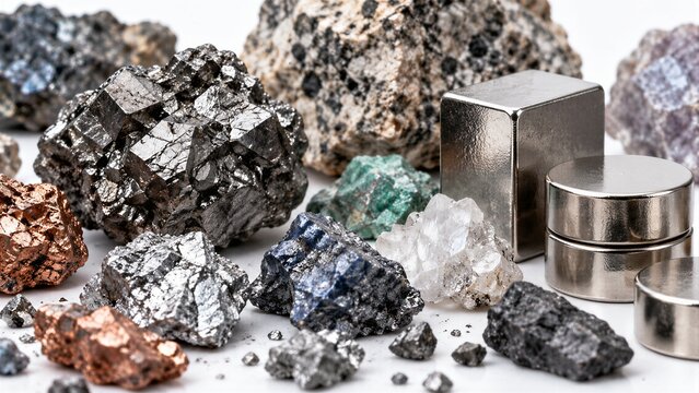 Raw mineral ore rocks and metal magnets displayed, highlighting critical rare earth elements essential for technology and industrial applications.
