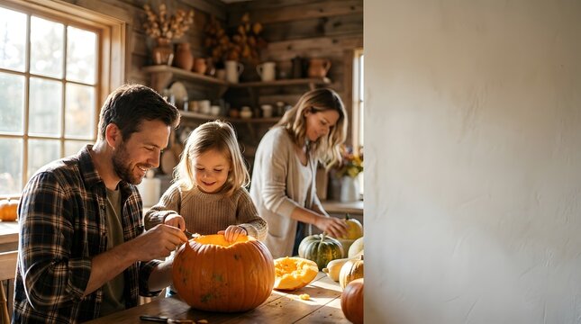 Father and Daughter Carving a Pumpkin Indoors for Halloween