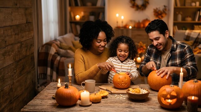 Diverse Family Carving Pumpkins by Candlelight