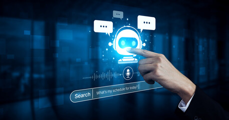 Obraz premium AI assistant with voice chat interface, combining smart chatbot, voice command, and AI-powered control search tools. Agentic AI assistant helps users search and chat naturally. Spline