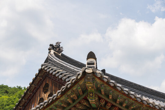 Traditional Korean temple roof with dragon head ornament and weathered lotus dancheong patterns on eaves under bright cloudy sky.
