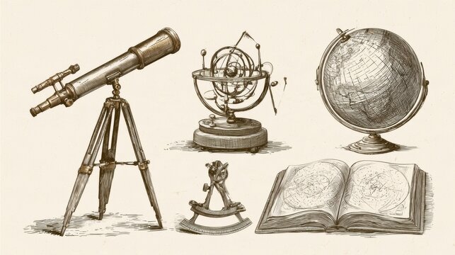 Tools for astronomy include a brass telescope, orrery model, sextant, celestial globe, and open star atlas on a white background.
